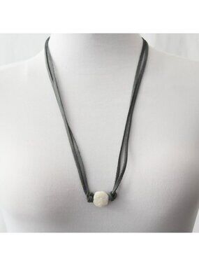 White Druzy Gemstone Pendant Leather Cord Necklace Adjustable Boho Minimalist